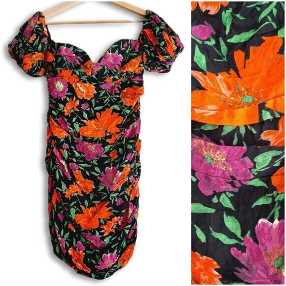 ZARA Off-Shoulder Puff Sleeve Ruched Floral Mini Dress Sz M Flawed - Picture 2 of 16